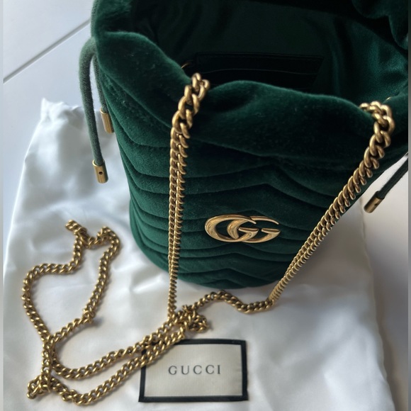 Gucci Handbags - Gucci Marmont Mini Velvet Green Bucket Bag